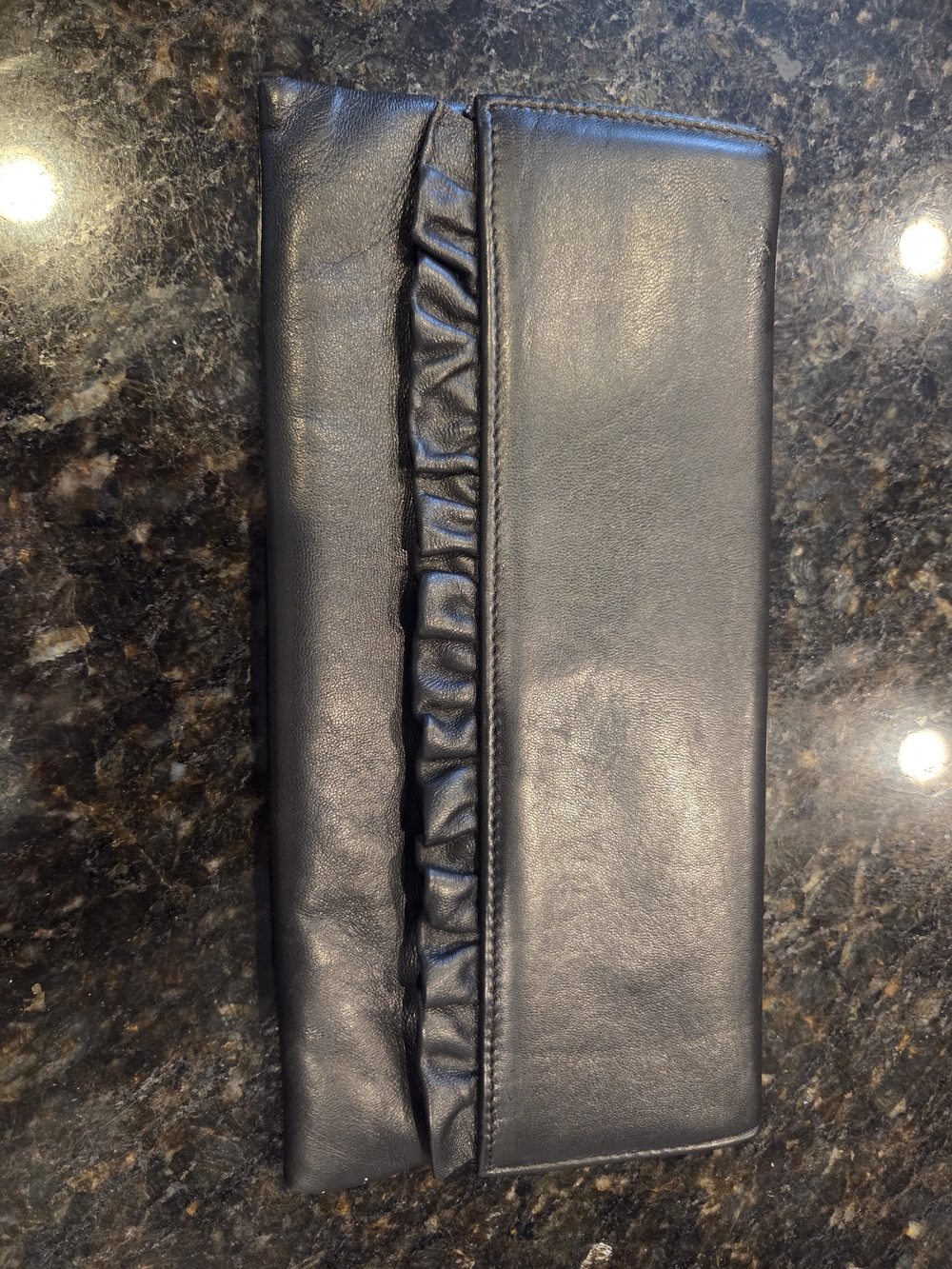 Vintage Jane Shilton Black Leather Ruffle Trim Clutch